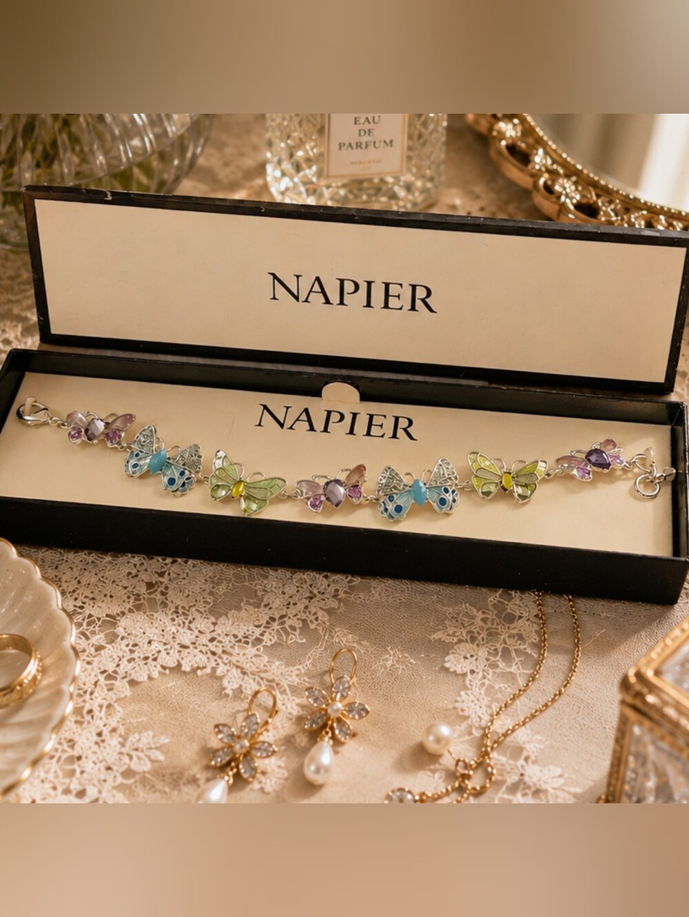 Napier Multi Butterfly Charm Bracelet 7.5" Silver Tone
